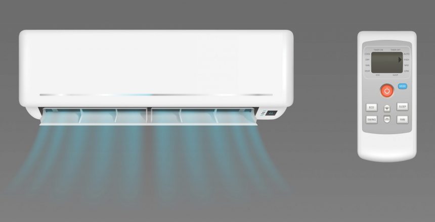 Air conditioner with cold wind flows and remote control. Vector realistic mockup of split system for climate control in home room or office. White aircon isolated on gray background